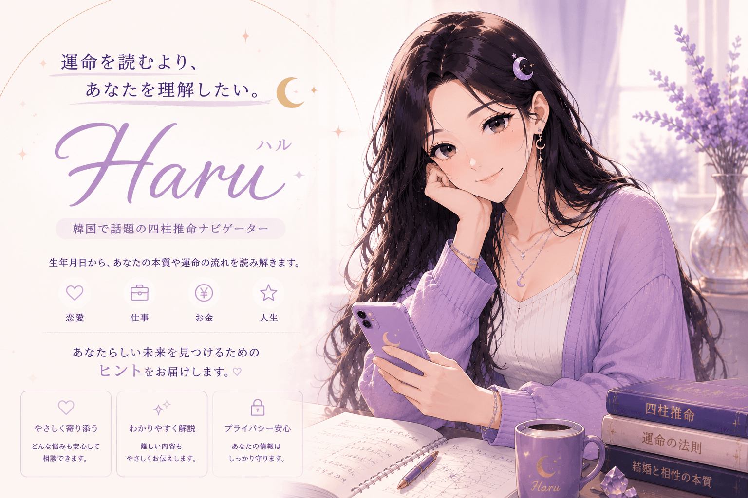 月のアクセサリーを持つハルの紹介イラスト